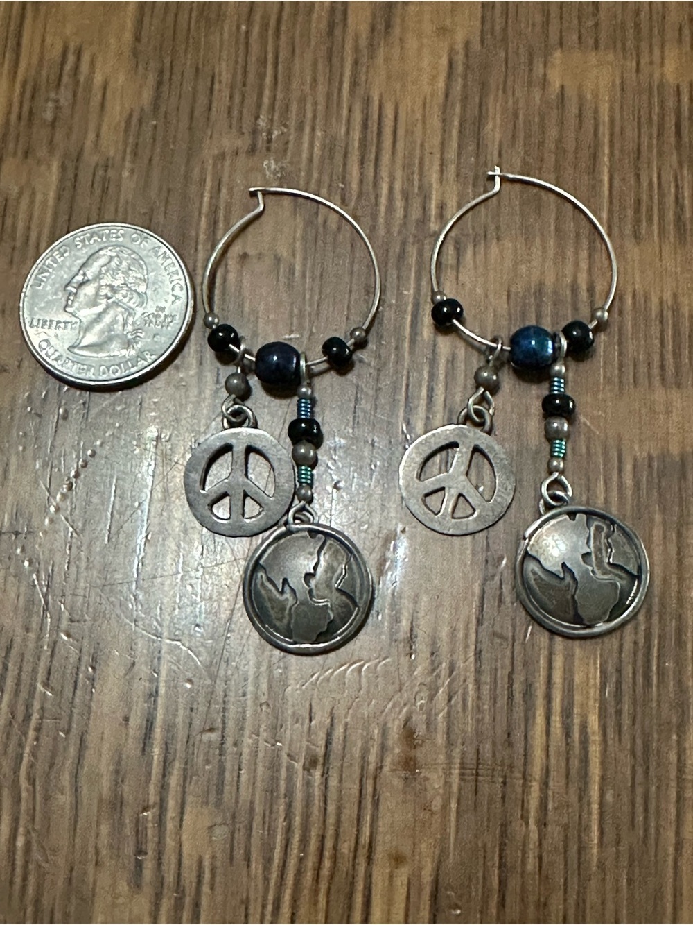 Boho Silver-Tone Peace & Earth Hoop Earrings - Unbranded - Picture 3 of 4